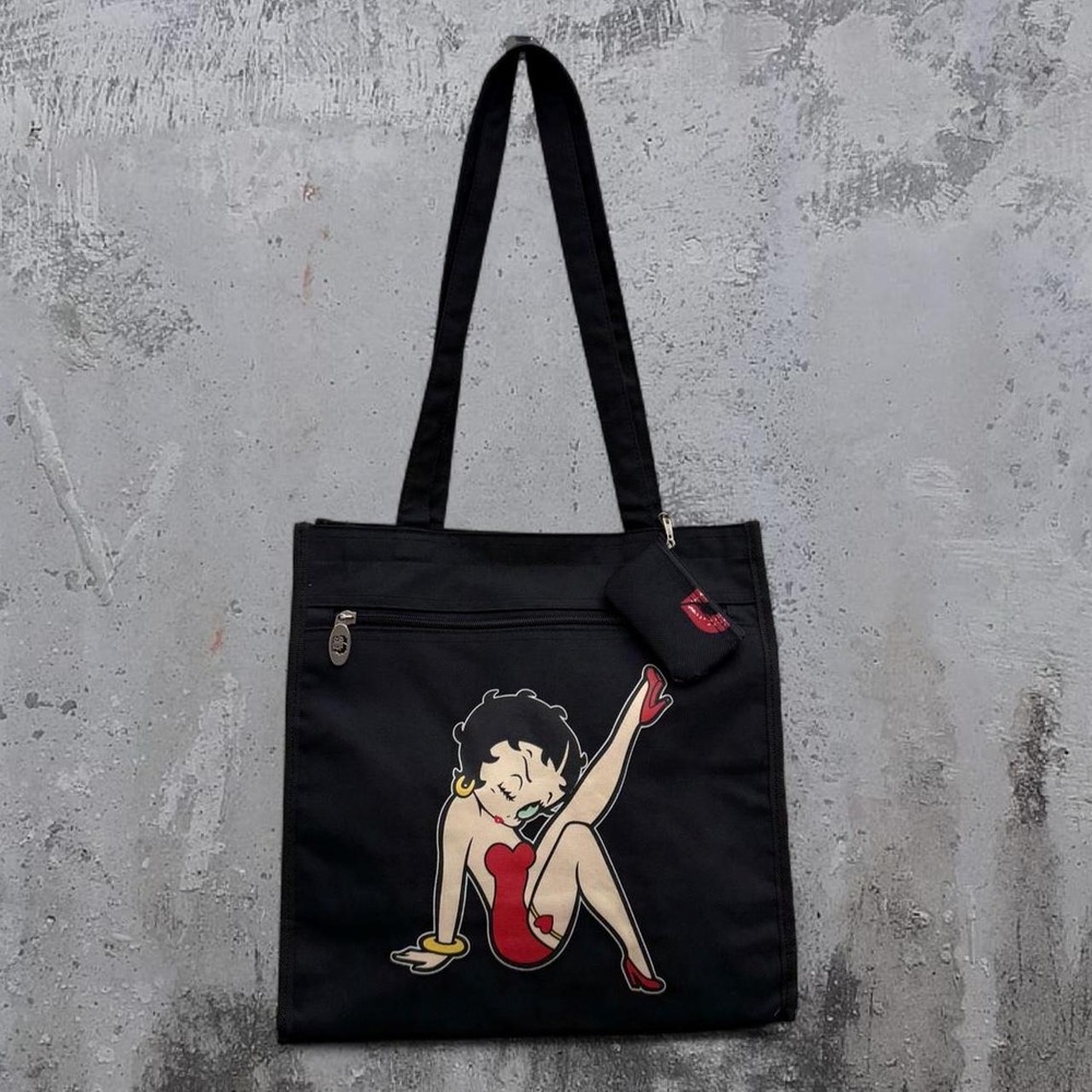 Betty Boop black tote bag with red lips print side pockets front zipper lined